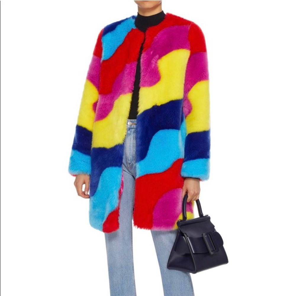 NWT MIRA MIKATI FAUX FUR COAT RAINBOW Size 38 4/6